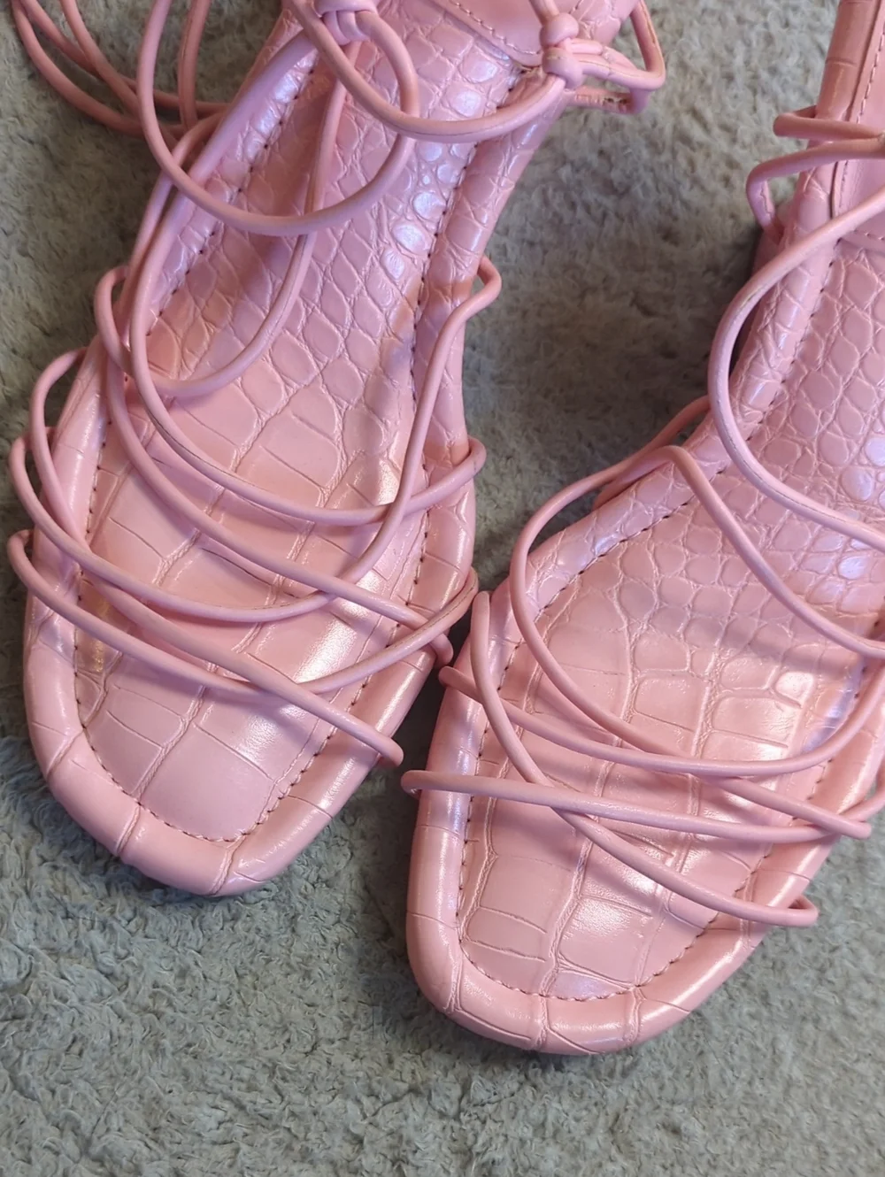 Circus NY Sam Edelman Size 9M Blanche Pink Crocodile Lace Up Strappy Heel